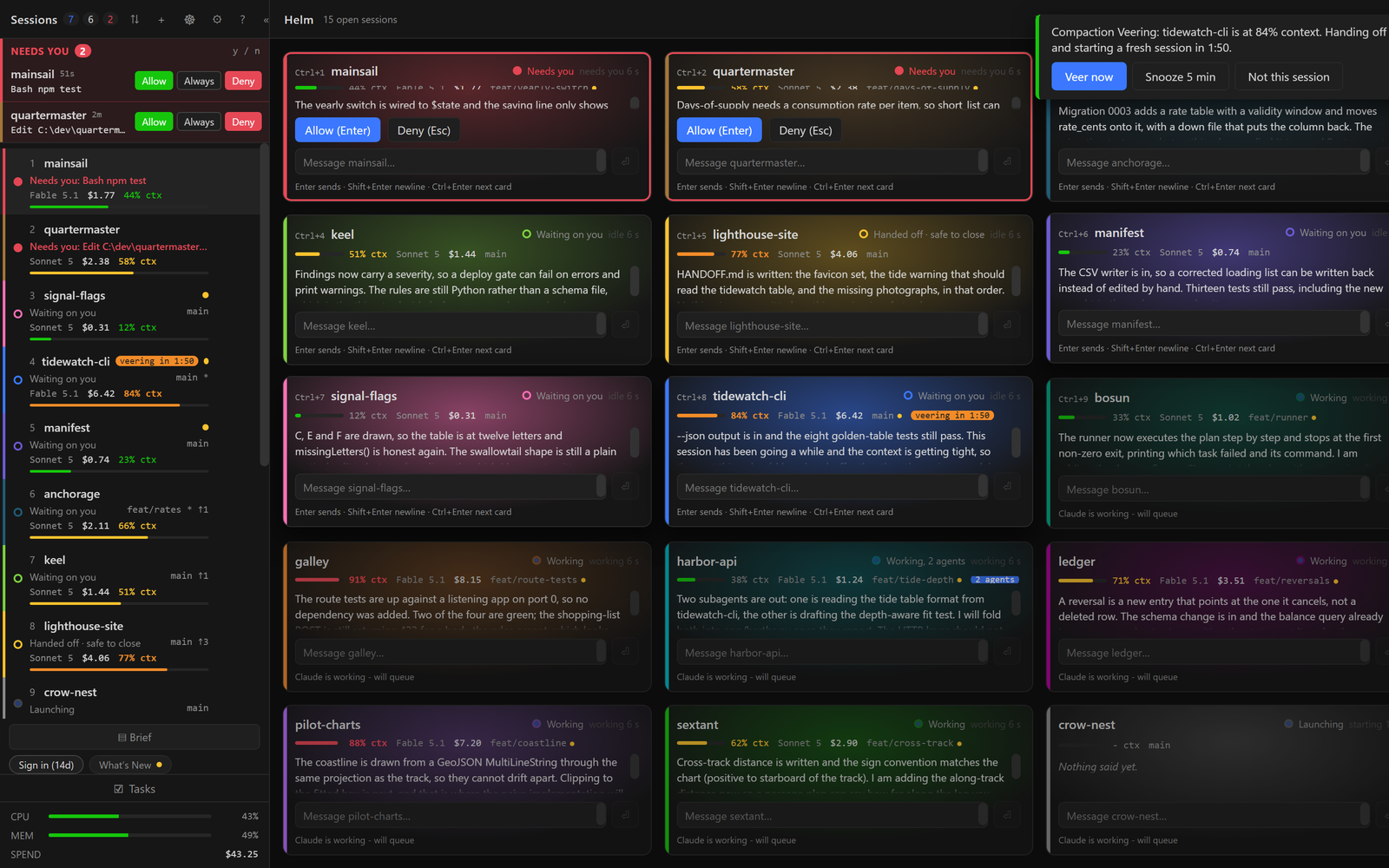 The Helm view: nine session cards in a grid, each with a state chip, a summary line and its own prompt box