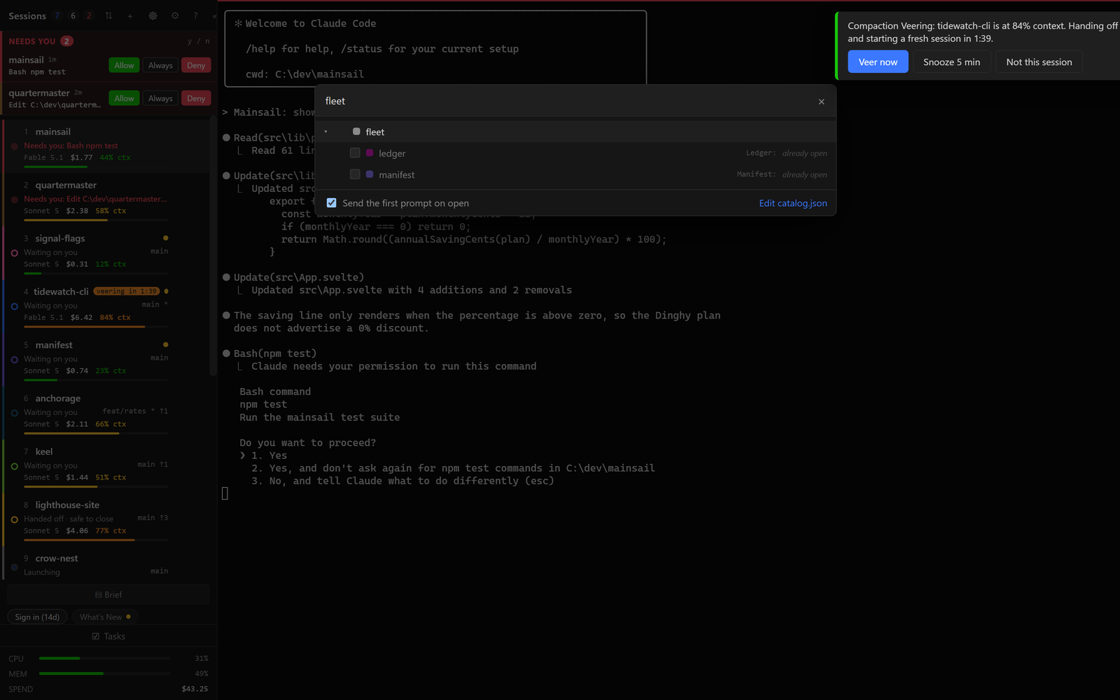 The project picker showing grouped projects with tick boxes and an Open sessions button