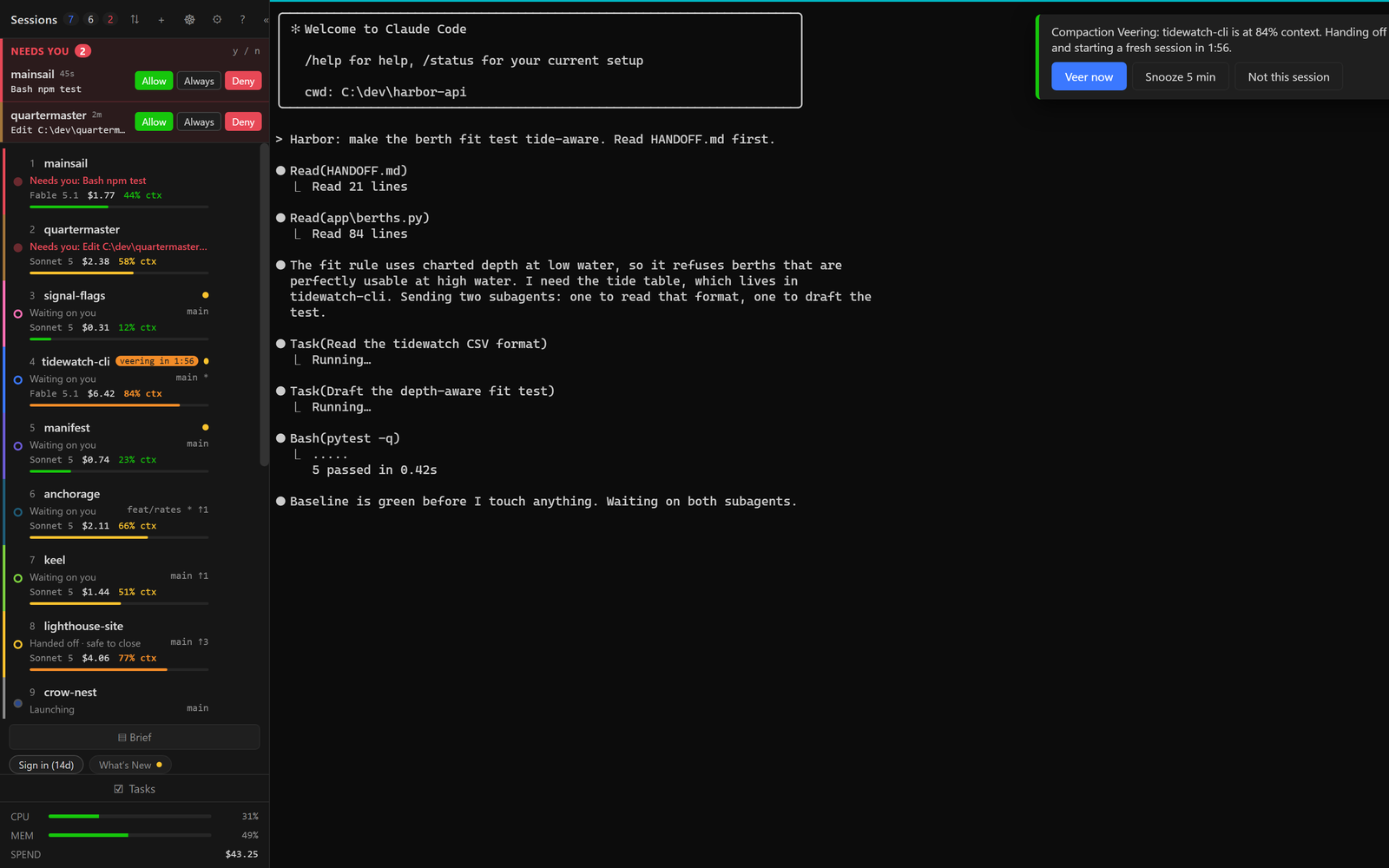 The sidebar listing eight open sessions with state chips, git branches, models and context gauges